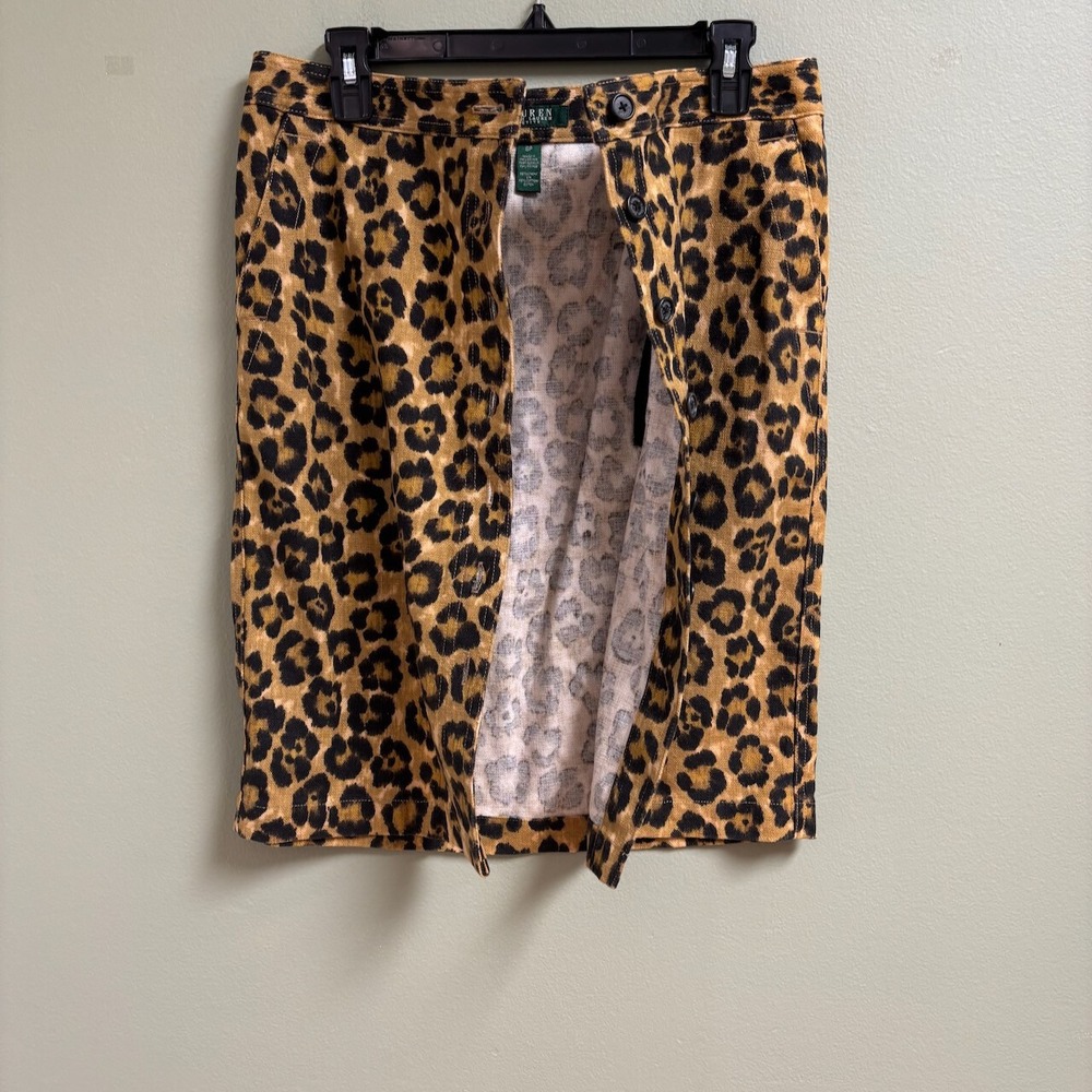 Lauren Ralph Lauren Linen Blend Skirt Size 6P Petite Button Pencil Leopard - Picture 5 of 9